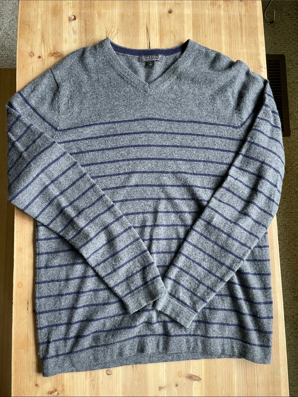Giasone 100% 2Ply Cashmere Men's Grey V-Neck Striped Sweater